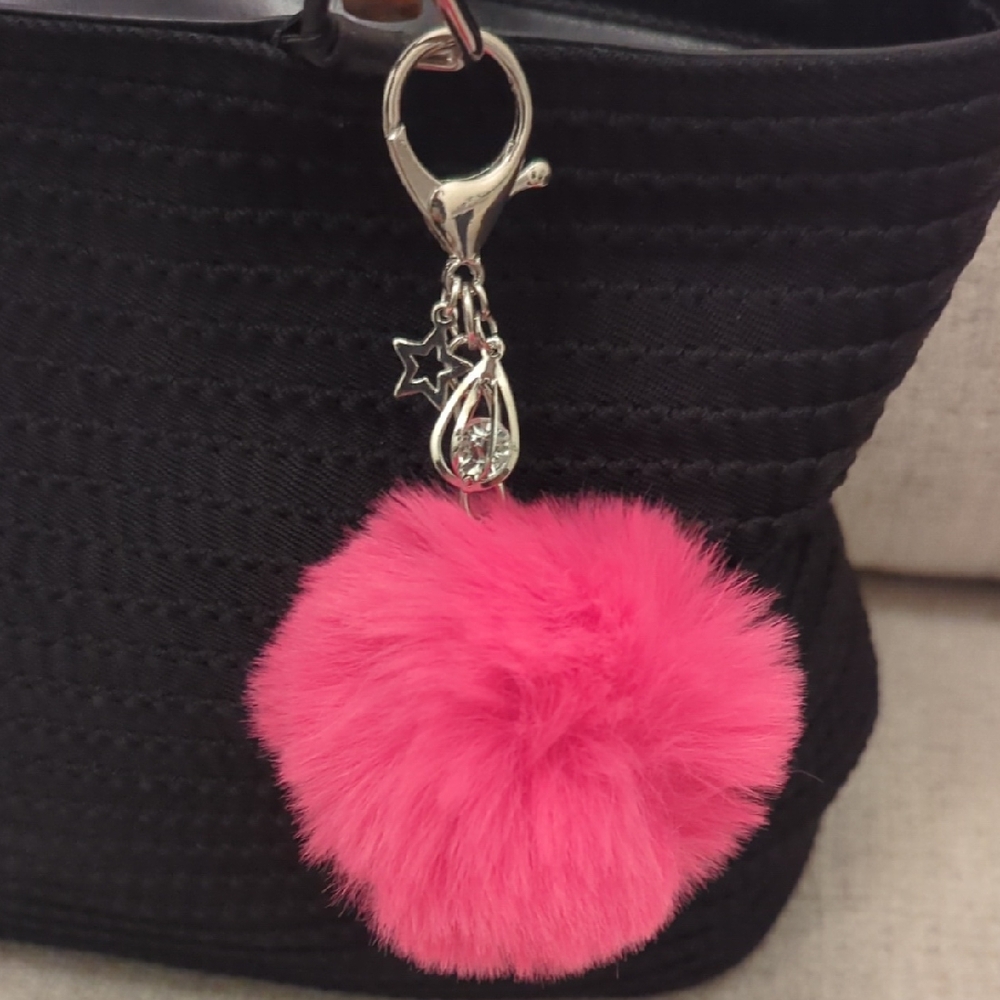 Gem-in-cage Hot Pink Pom Silver Keychain